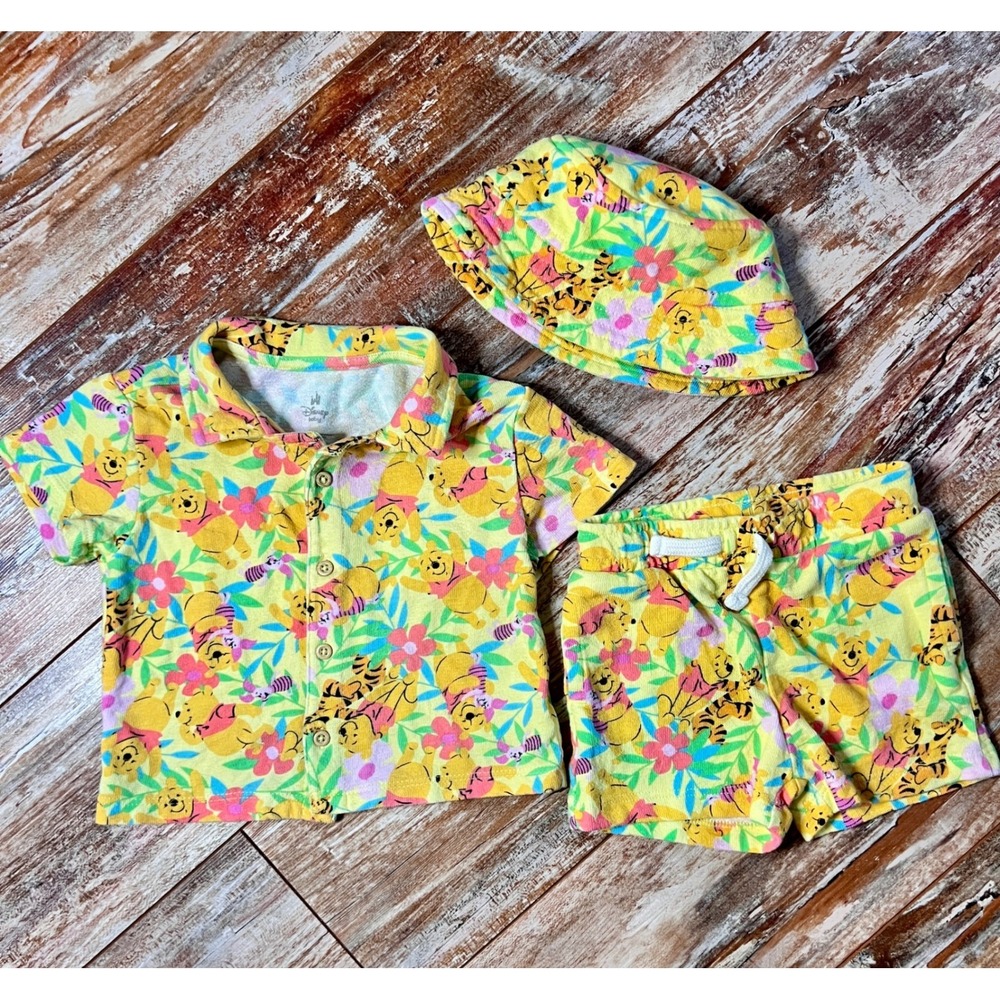 Disney Baby Winnie the Pooh 3 Piece Outfit Set Hat Shirt Short 12M Yellow Summer